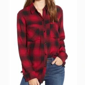 cloth & stone Red & Black Plaid Button-Down Shirt with Fringed Bottom Size Small